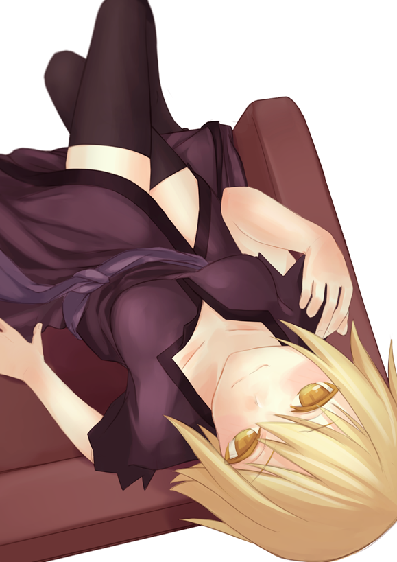 1girl blonde_hair breasts bugbook dutch_angle fate_(series) from_above jeanne_alter legs_crossed medium_breasts ruler_(fate/apocrypha) short_hair smile solo thigh-highs thighs white_background yellow_eyes
