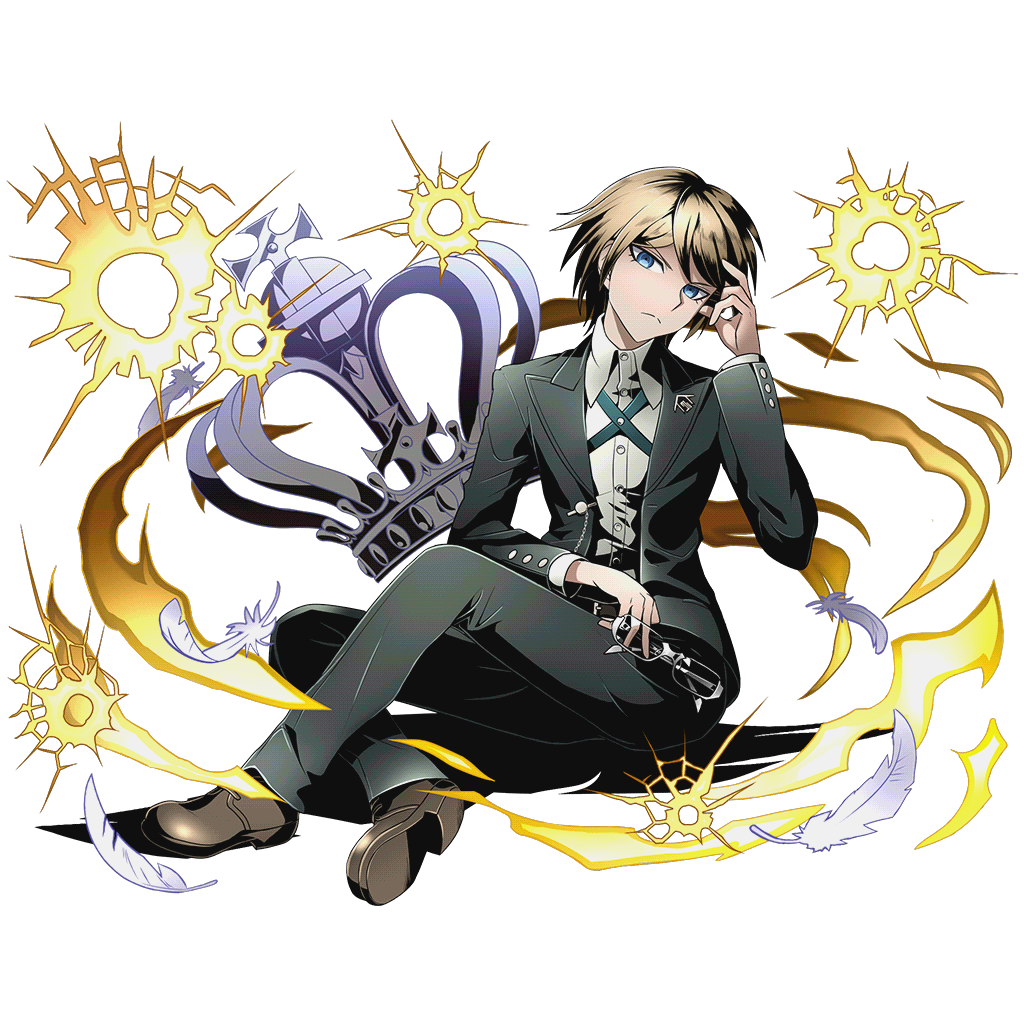 1boy alpha_transparency blonde_hair blue_eyes closed_mouth crown dangan_ronpa dangan_ronpa_1 divine_gate feathers full_body glasses glasses_removed head_tilt legs_crossed looking_at_viewer male_focus official_art shadow shoes short_hair sitting solo togami_byakuya transparent_background ucmm