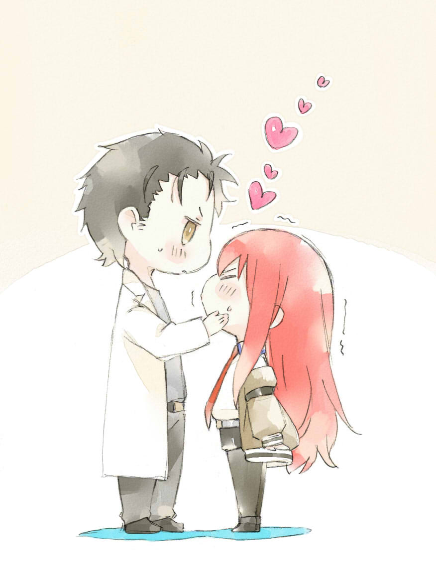 1boy 1girl belt black_hair blush_stickers chibi closed_eyes collared_shirt denim denim_shorts face-to-face full_body hand_on_another's_cheek hand_on_another's_face heart height_difference huwahuwa_youmou incipient_kiss jacket labcoat long_hair makise_kurisu necktie off_shoulder okabe_rintarou pants puckered_lips redhead shirt shoes short_hair shorts simple_background standing steins;gate sweatdrop thigh-highs trembling yellow_eyes