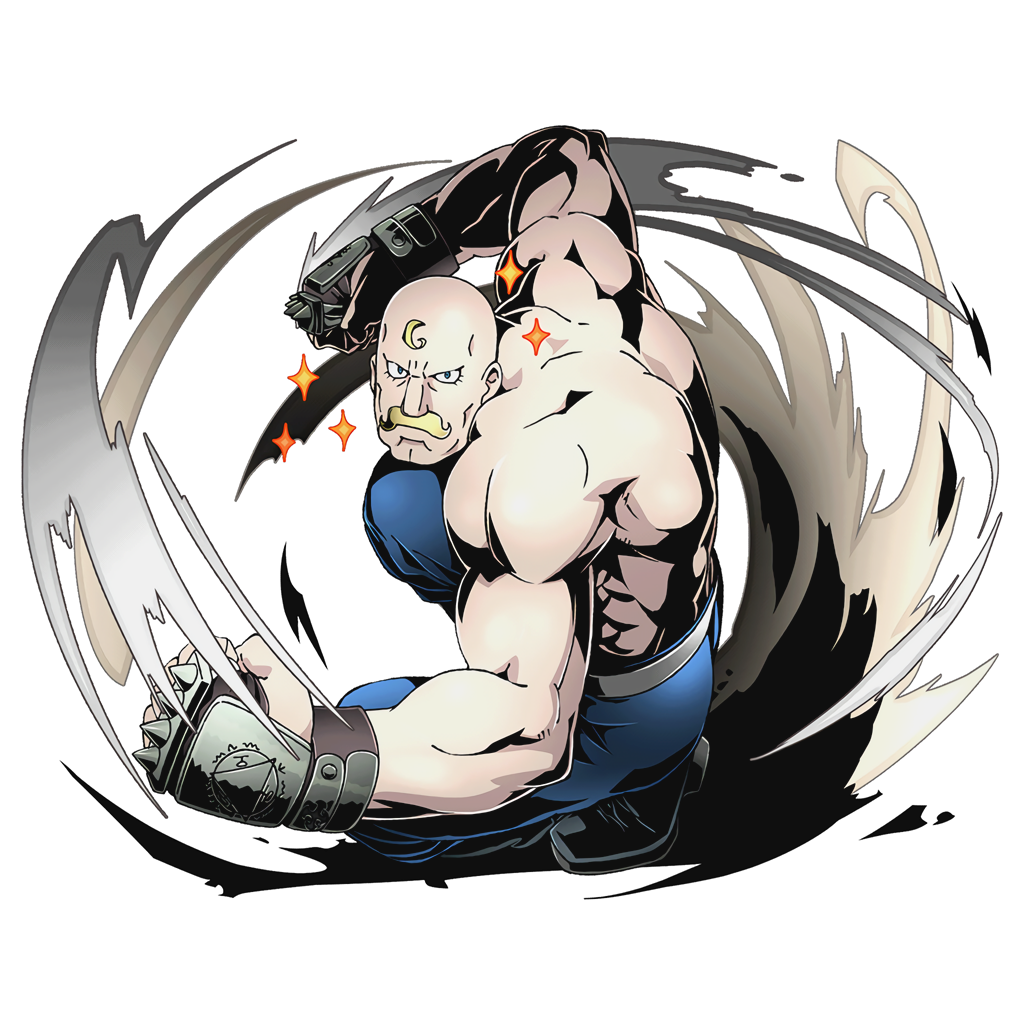 1boy ahoge alex_louis_armstrong bald blonde_hair blue_pants divine_gate facial_hair full_body fullmetal_alchemist looking_at_viewer muscle mustache official_art pants shadow solo squatting transparent_background ucmm