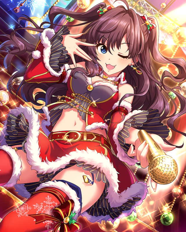 1girl :3 artist_request bangs blue_eyes boots bow breasts brown_hair card_(medium) christmas curly_hair detached_sleeves earrings fur_trim garter_straps hair_bow holding ichinose_shiki idolmaster idolmaster_cinderella_girls jewelry looking_at_viewer microphone navel official_art one_eye_closed skirt smile solo thigh-highs thigh_boots two_side_up