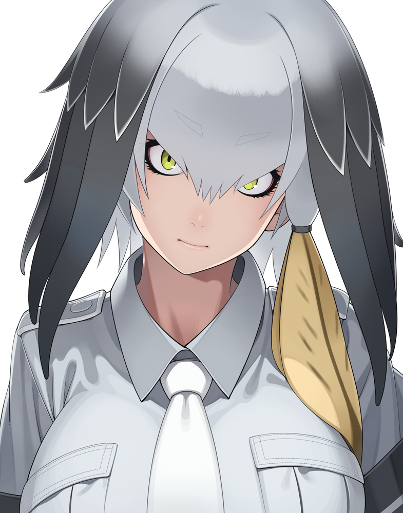 1girl bangs black_hair breasts go_robots green_eyes grey grey_shirt head_wings kemono_friends large_breasts looking_at_viewer multicolored_hair necktie portrait shirt shoebill_(kemono_friends) short_sleeves side_ponytail silver_hair simple_background solo staring white_background yellow_eyes