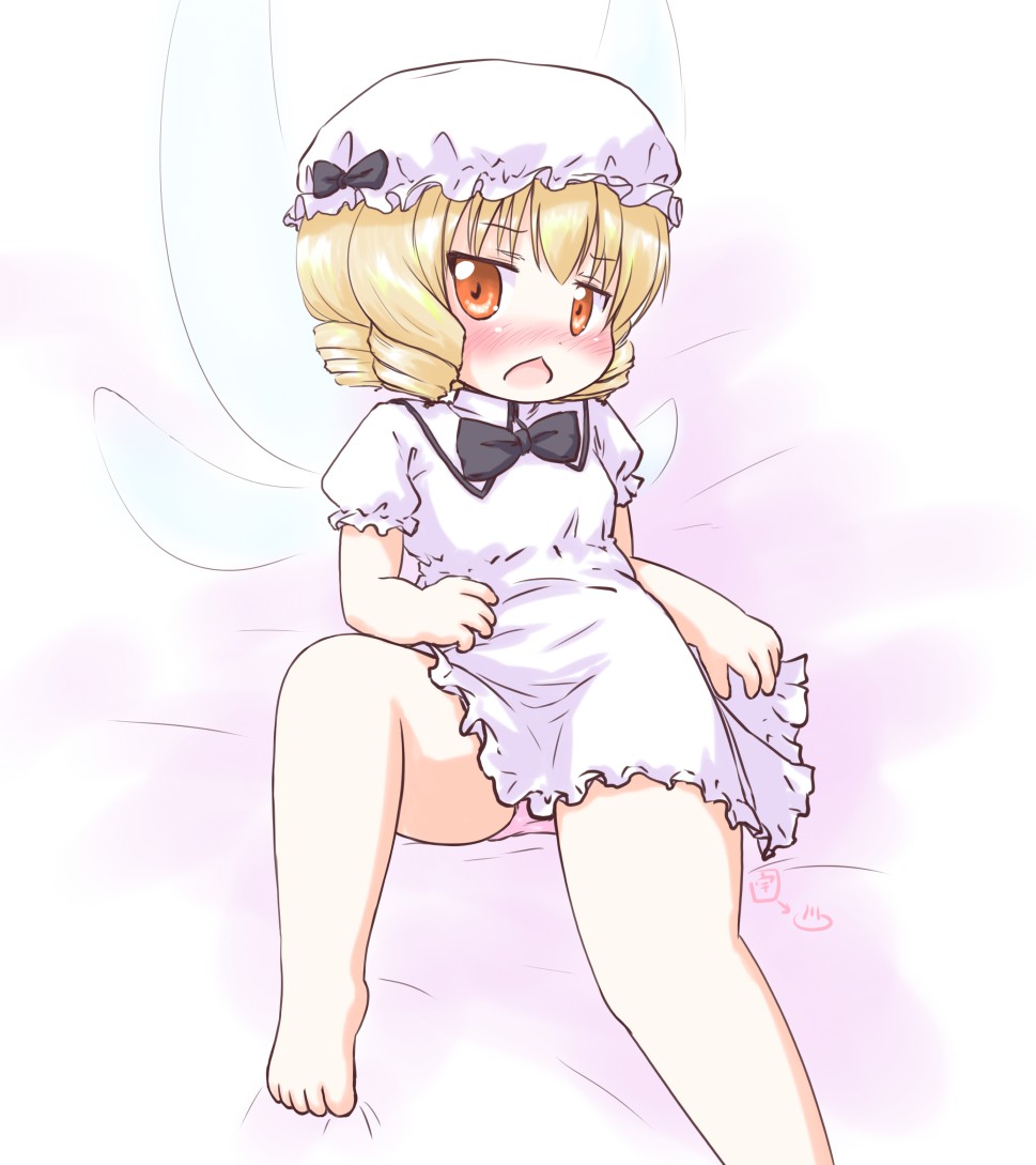 1girl bare_legs barefoot blonde_hair blush bow breasts chestnut_mouth dress drill_hair fairy fairy_wings hat leg_lift luna_child lying microdress mob_cap nose_blush on_back open_mouth orange_eyes panties pantyshot pantyshot_(lying) pink_panties plump puffy_short_sleeves puffy_sleeves short_sleeves small_breasts touhou uho_(uhoyoshi-o) underwear white_dress wings