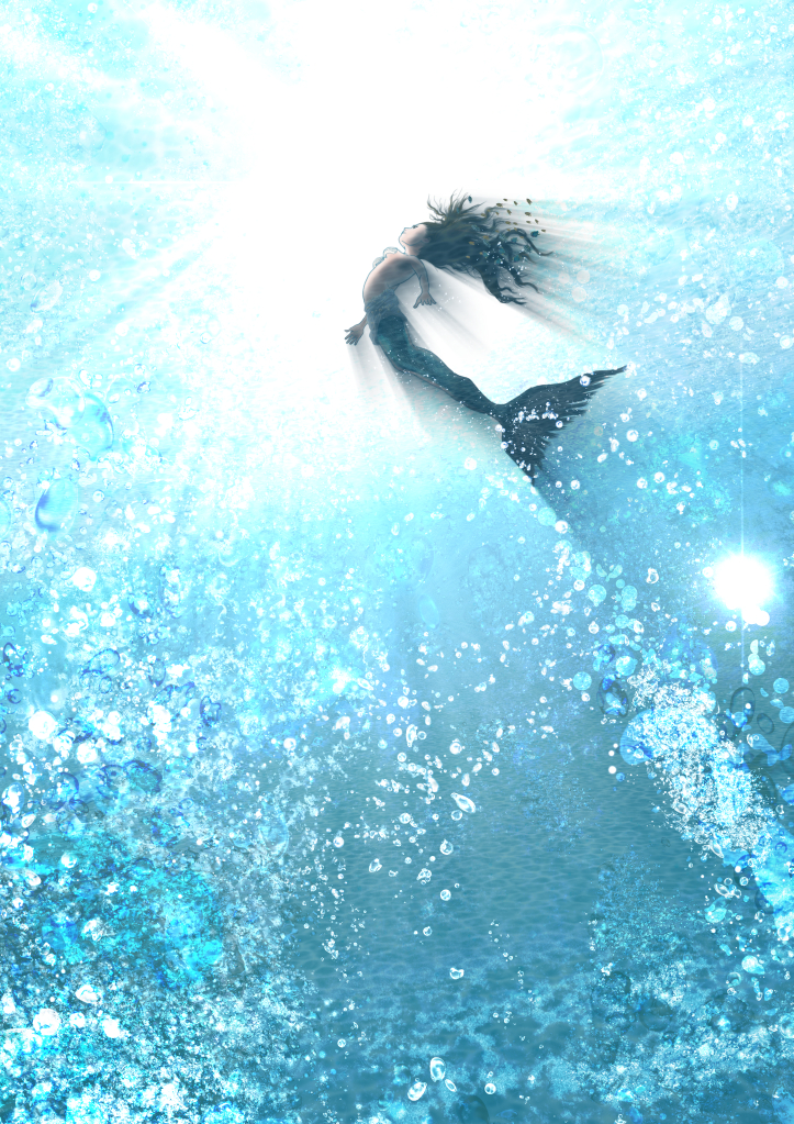 1girl blue_background bubble kun52 long_hair mermaid monster_girl original solo sunlight underwater