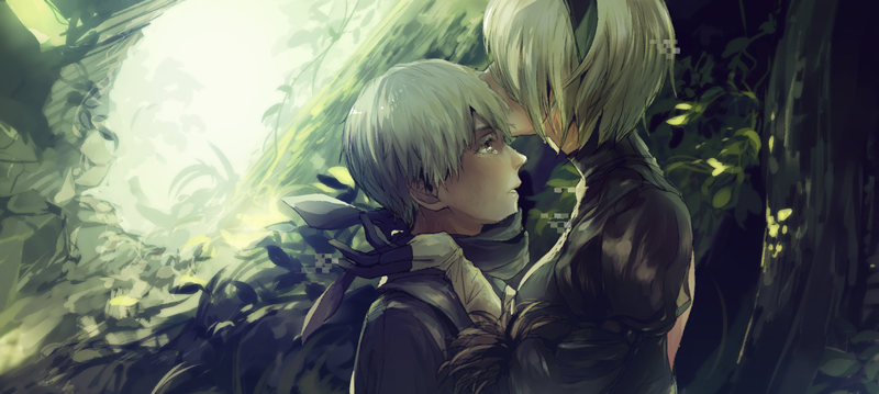 1boy 1girl black_clothes blindfold blindfold_removed breasts couple crying crying_with_eyes_open dress en_(enxxx) forehead_kiss forest frilled_dress frills gloves hetero kiss nature nier_(series) nier_automata open_mouth pale_skin short_hair tears white_hair yorha_no._2_type_b yorha_no._9_type_s
