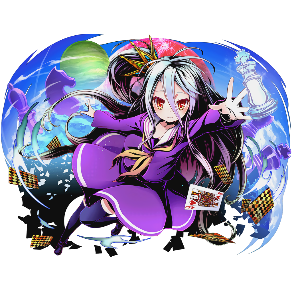 1girl bishop_(chess) blue_legwear breasts card chess_piece cleavage collarbone divine_gate dress full_body king_(chess) knight_(chess) long_hair looking_at_viewer no_game_no_life official_art orange_eyes purple_dress shiro_(no_game_no_life) silver_hair small_breasts solo thigh-highs transparent_background ucmm very_long_hair zettai_ryouiki