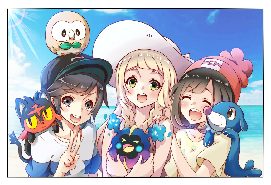 &gt;_&lt; 1boy 2girls :d ^_^ ^o^ beach blush closed_eyes closed_mouth cosmog day female female_protagonist_(pokemon_sm) hand_on_another's_shoulder happy lillie_(pokemon) litten looking_at_viewer male male_protagonist_(pokemon_sm) multiple_girls ocean open_mouth pokemon pokemon_(game) pokemon_sm popplio rowlet sky smile sun sunlight taking_picture totogami_toto v xd