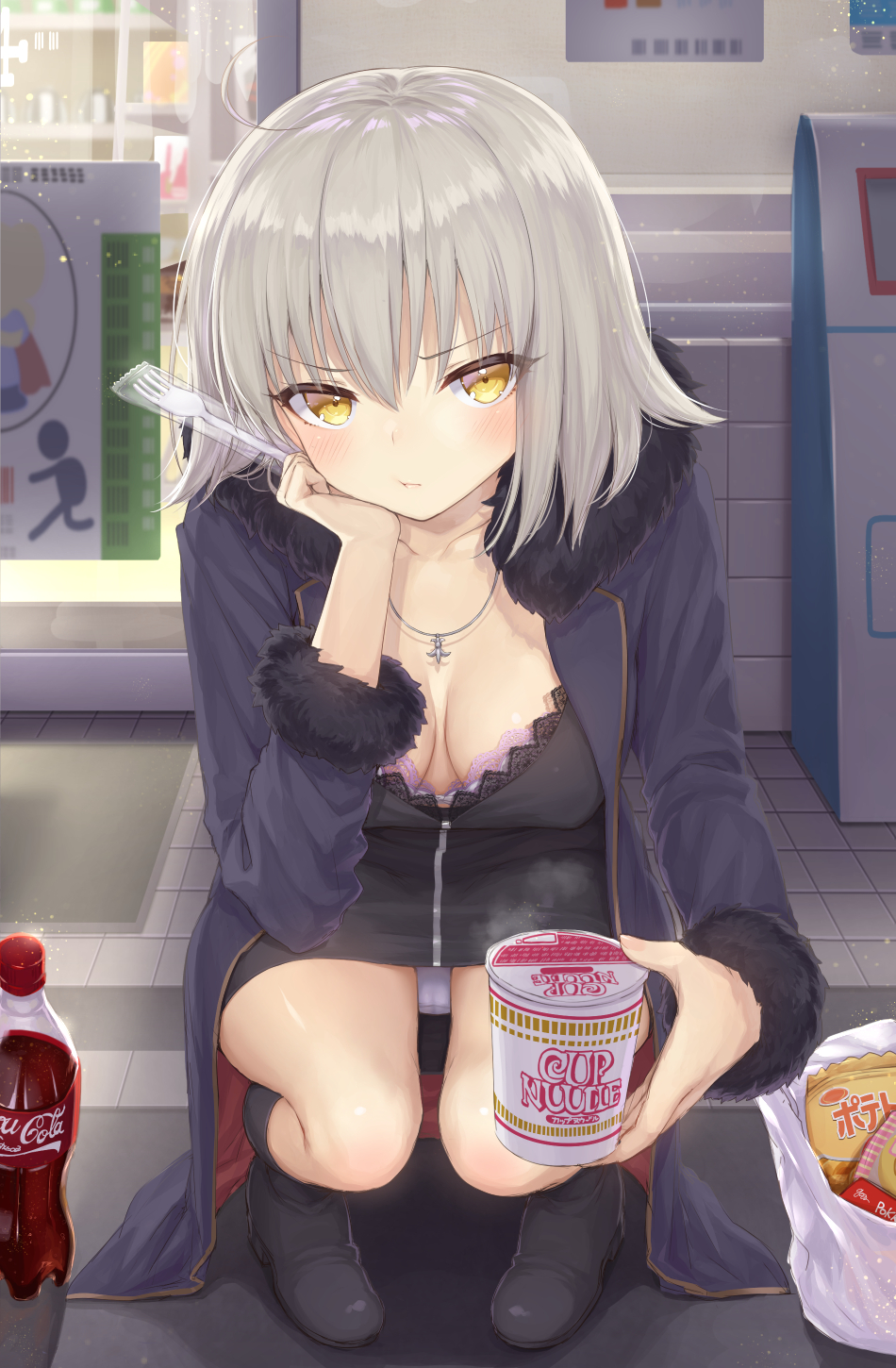 1girl ahoge bad_anatomy bag black_legwear blush boots bottle bra brand_name_imitation breasts cleavage coca-cola collarbone fate_(series) fork frown grey_hair highres holding holding_fork jeanne_alter jewelry looking_at_viewer mashu_003 necklace panties pantyshot plastic_bag pout ramen ruler_(fate/apocrypha) short_hair silver_hair solo squatting underwear white_panties yellow_eyes