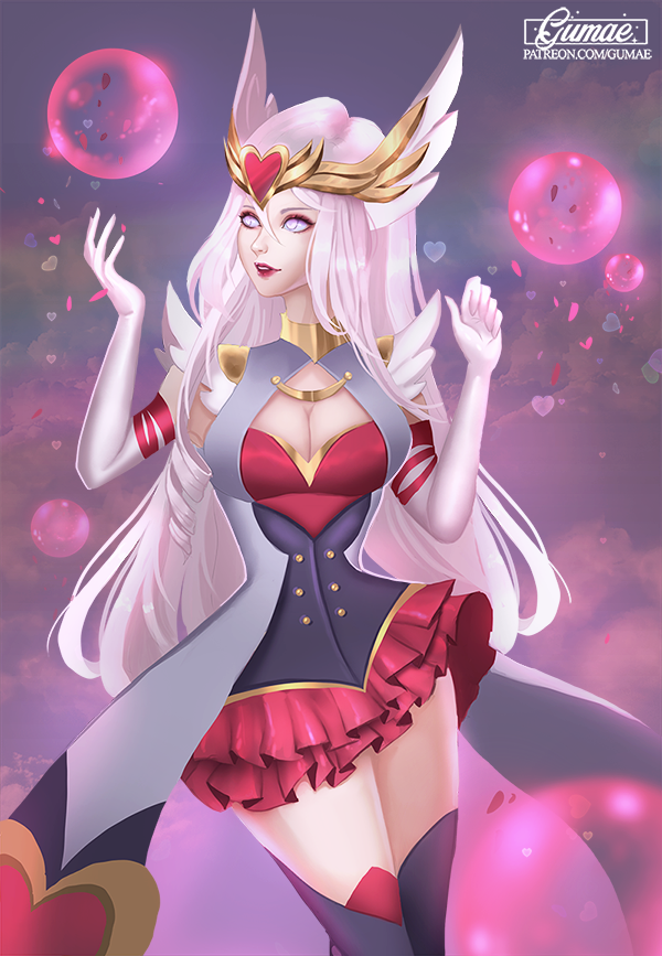 1girl alternate_costume artist_name breasts cleavage cleavage_cutout corset energy_ball heart large_breasts league_of_legends lipstick long_hair makeup mary_montes no_pupils red_lipstick silver_hair skirt solo syndra thigh-highs violet_eyes watermark web_address winged_hair_ornament