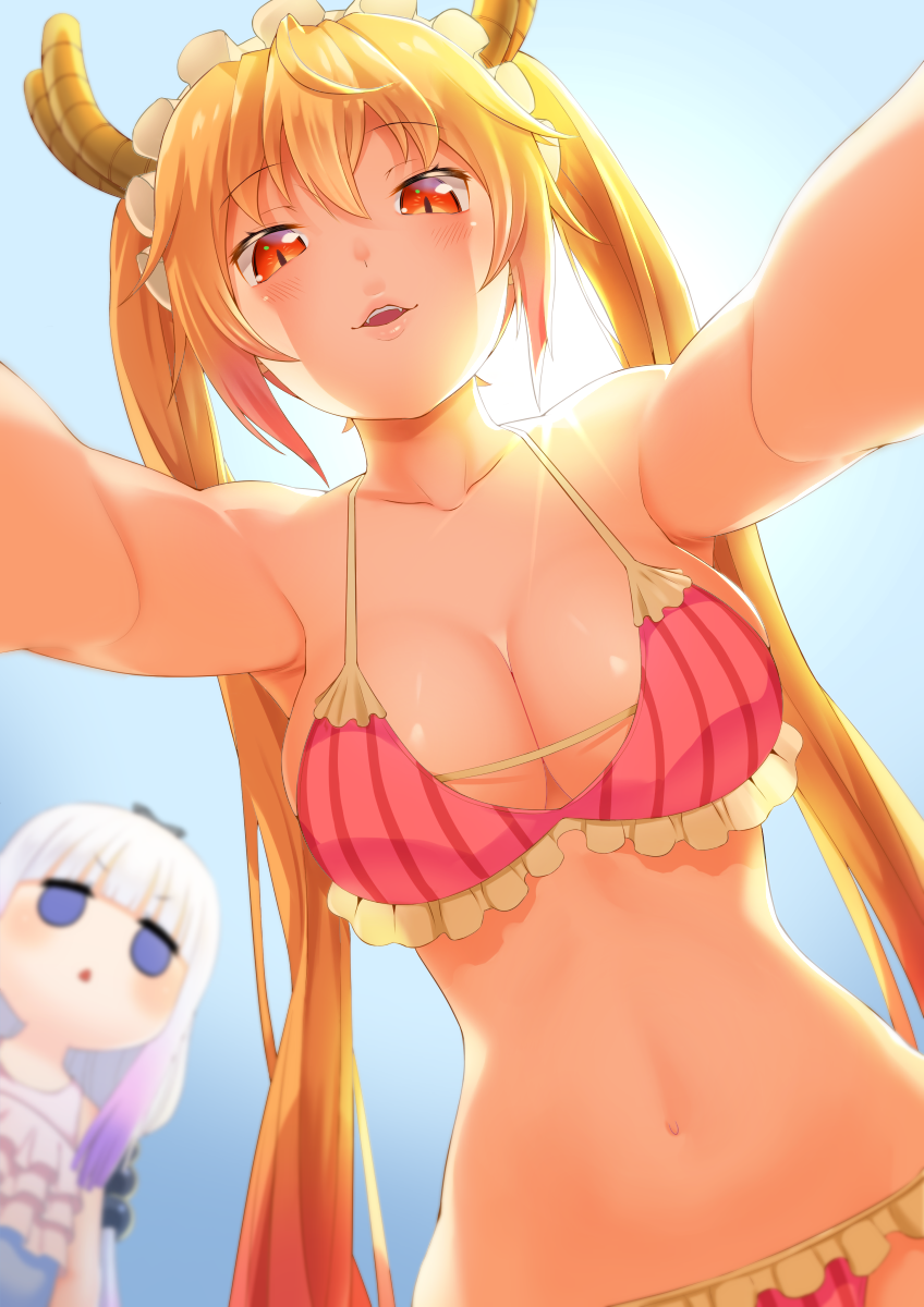 2girls bikini blonde_hair blue_eyes blurry blush breasts cleavage collarbone commentary_request depth_of_field dragon_girl dragon_horns from_below highres horns kanna_kamui kobayashi-san_chi_no_maidragon lavender_hair long_hair looking_at_viewer looking_down low_twintails maid_headdress multiple_girls navel orange_eyes parted_lips pov red_bikini saruchitan slit_pupils smile swimsuit tooru_(maidragon) triangle_mouth twintails