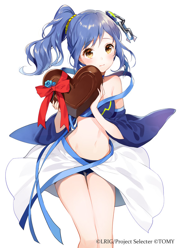 1girl bare_shoulders blue_hair blush brown_hair character_request chocolate chocolate_heart commentary_request detached_sleeves gift hair_ornament heart holding holding_gift long_hair looking_at_viewer ponytail scrunchie simple_background smile solo valentine white_background wixoss yunkel_(zeijaku_mental)
