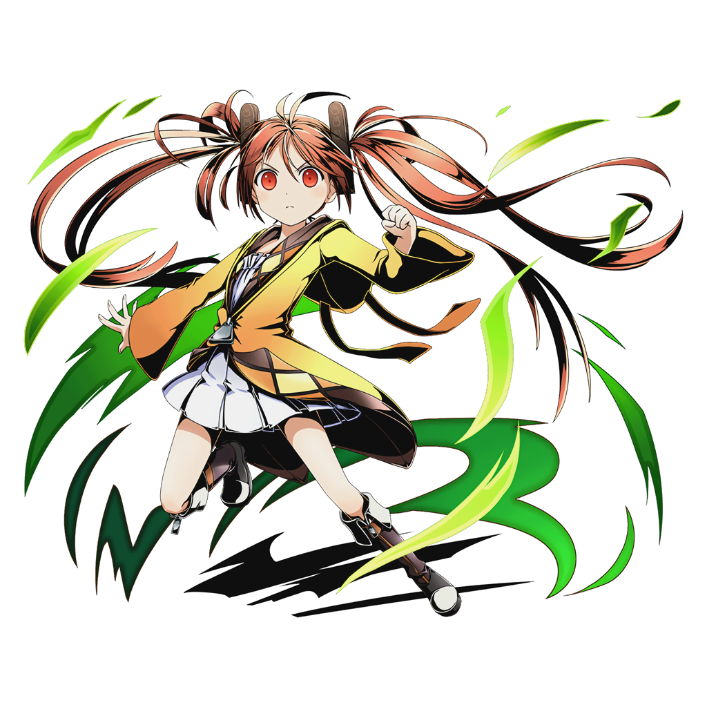 1girl aihara_enju black_bullet boots brown_hair divine_gate dress floating_hair full_body hair_ornament jacket long_hair looking_at_viewer official_art one_leg_raised outstretched_arm pleated_dress red_eyes shadow smile solo transparent_background twintails ucmm very_long_hair white_dress yellow_jacket