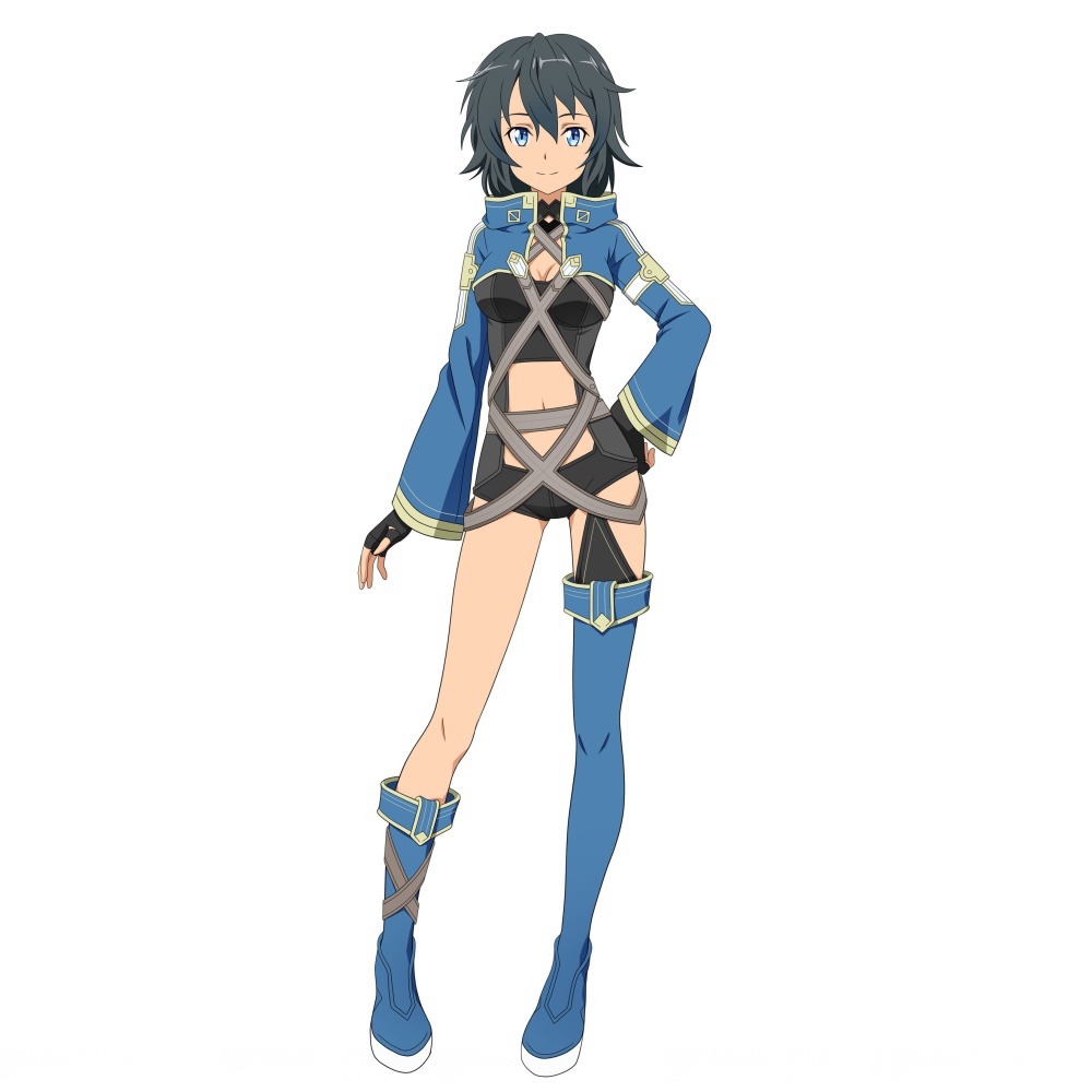 1girl asymmetrical_legwear black_gloves black_hair black_shorts blue_boots blue_eyes boots breasts cleavage crop_top fingerless_gloves full_body gloves hand_on_hip looking_at_viewer medium_breasts midriff navel official_art philia_(sao-alo) short_hair short_shorts shorts simple_background smile solo standing stomachj sword_art_online thigh-highs thigh_boots white_background