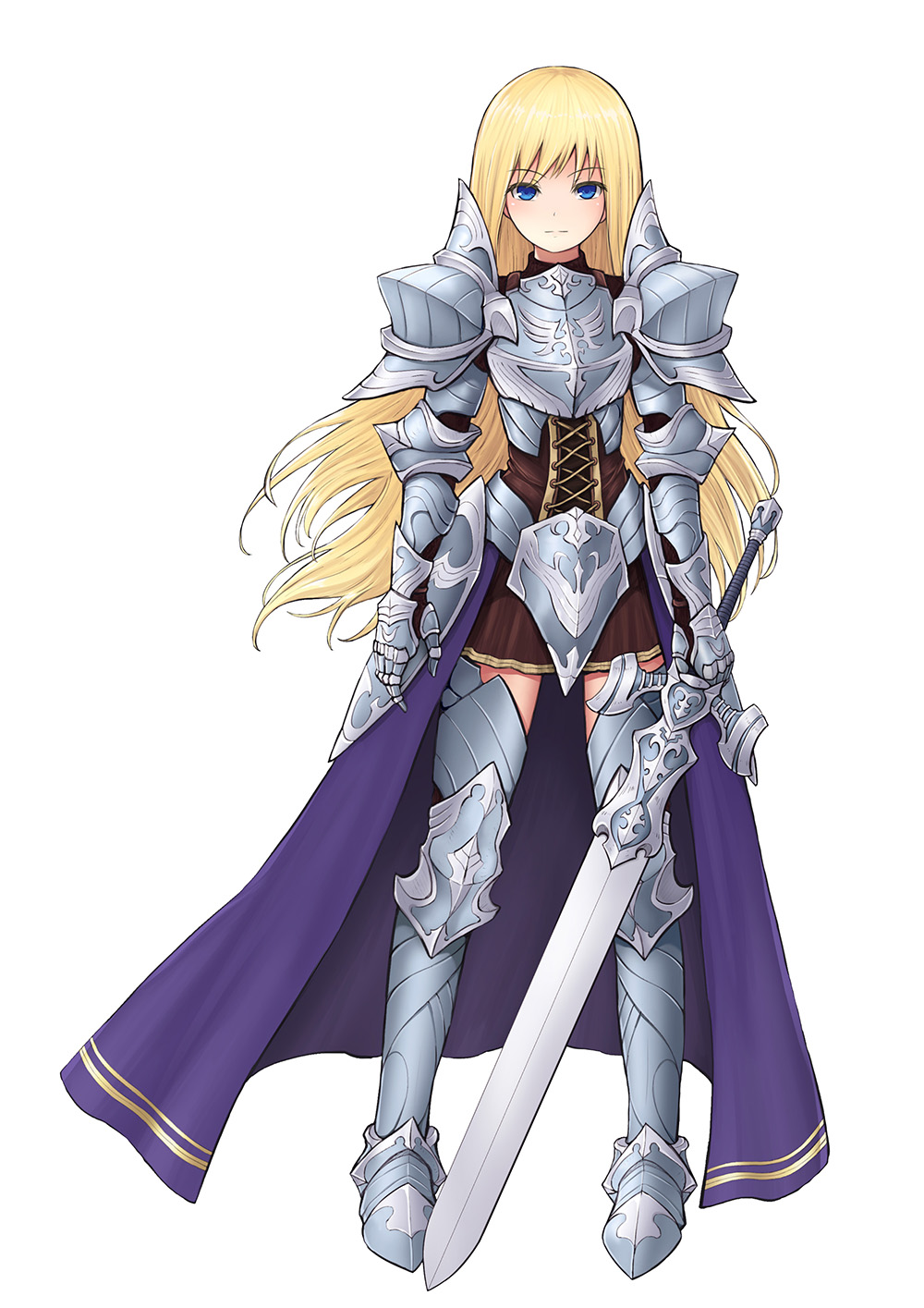 1girl armor armored_boots blonde_hair blue_eyes boots cape corset gauntlets highres holding long_hair looking_at_viewer original pleated_skirt simple_background skirt solo sword weapon white_background yuki7128