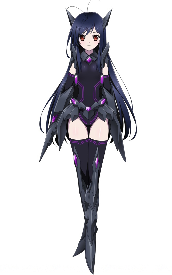 1girl accel_world antenna_hair armor armored_boots black_gloves black_hair black_legwear black_leotard boots brown_eyes detached_sleeves full_body gloves hair_ornament kuroyukihime leotard long_hair looking_at_viewer mech_musume official_art simple_background smile solo standing thigh-highs very_long_hair white_background
