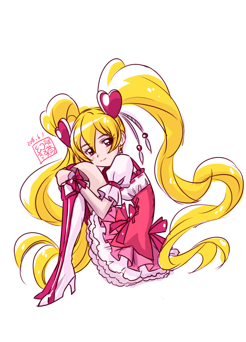 1girl 2016 blonde_hair boots bow closed_mouth cure_peach dated earrings fresh_precure! frilled_skirt frills hair_ornament heart_hair_ornament jewelry knee_boots long_hair maboroshineko magical_girl momozono_love pink_boots pink_bow pink_eyes pink_skirt precure signature simple_background sitting skirt smile solo twintails white_background wrist_cuffs