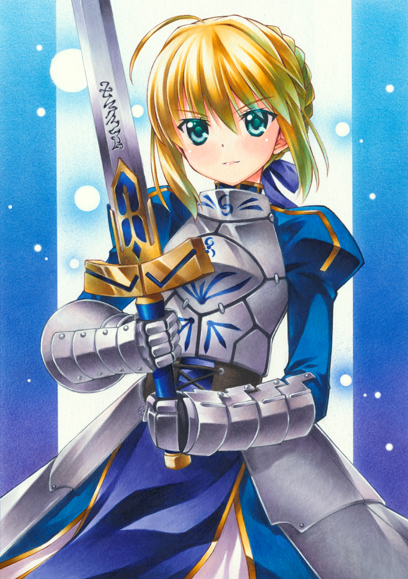 1girl armor armored_dress blonde_hair excalibur fate/stay_night fate_(series) green_eyes marker_(medium) saber short_hair solo sword traditional_media weapon yuto_cafe