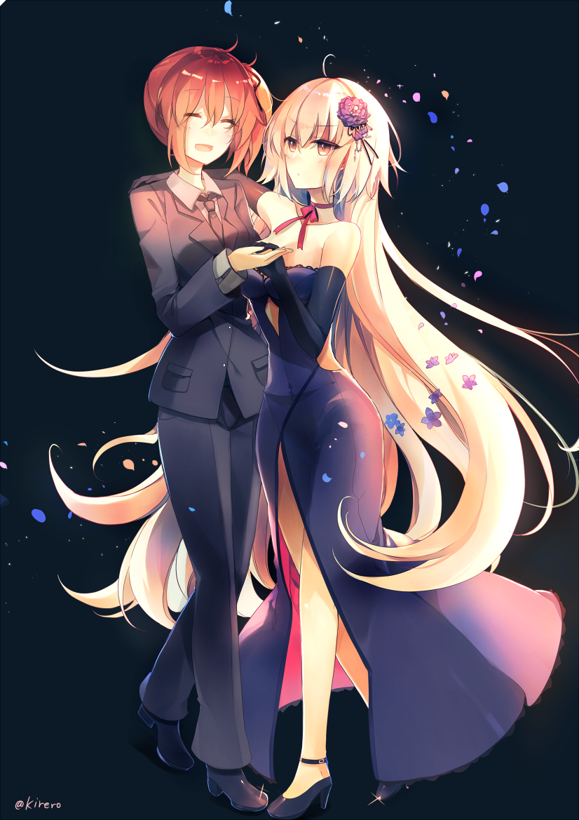 &gt;:/ 2girls :d ^_^ ahoge bangs black_gloves blush brown_eyes choker closed_eyes closed_mouth dancing dress elbow_gloves fate/grand_order fate_(series) flower formal fujimaru_ritsuka_(female) full_body gloves hair_flower hair_ornament jeanne_alter kirero long_hair long_sleeves looking_at_another multiple_girls open_mouth orange_hair pant_suit purple_dress ribbon_choker ruler_(fate/apocrypha) side_ponytail smile strapless strapless_dress suit very_long_hair white_hair