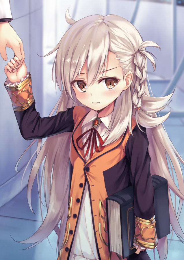 1girl bangs blush book braid brooch brown_eyes buttons fate/grand_order fate_(series) hand_holding jewelry long_hair long_sleeves looking_at_viewer olga_marie oukatihiro shirt silver_hair solo_focus white_shirt wing_collar