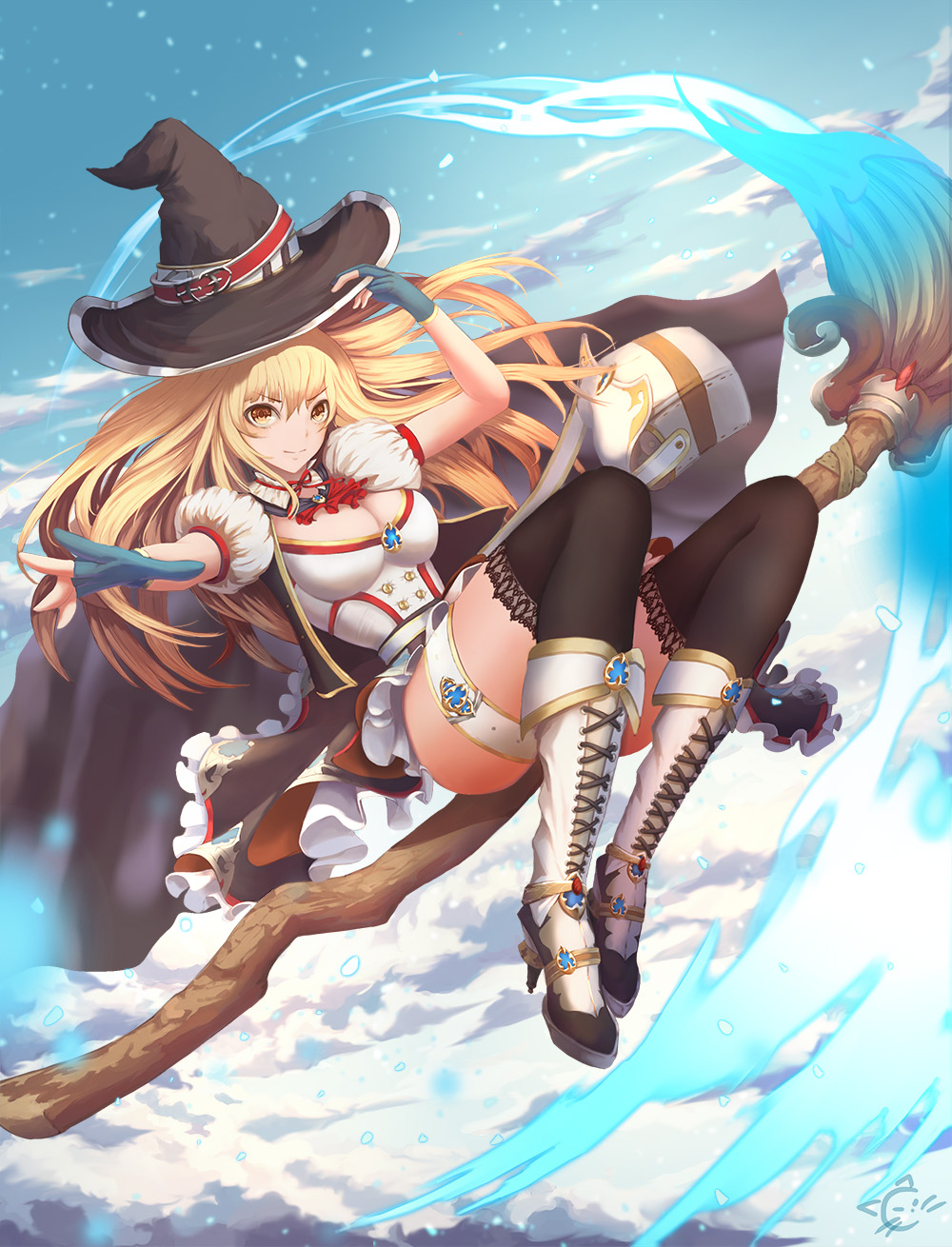 1girl black_legwear blonde_hair boots breasts broom broom_riding cape cleavage clouds cloudy_sky garter_belt gem gloves h2o_(dfo) hat hat_belt high_heels highres holding holding_hat large_breasts long_hair looking_at_viewer magic medium_breasts original outstretched_arm partly_fingerless_gloves puffy_sleeves sky smile solo thigh-highs witch witch_hat yellow_eyes