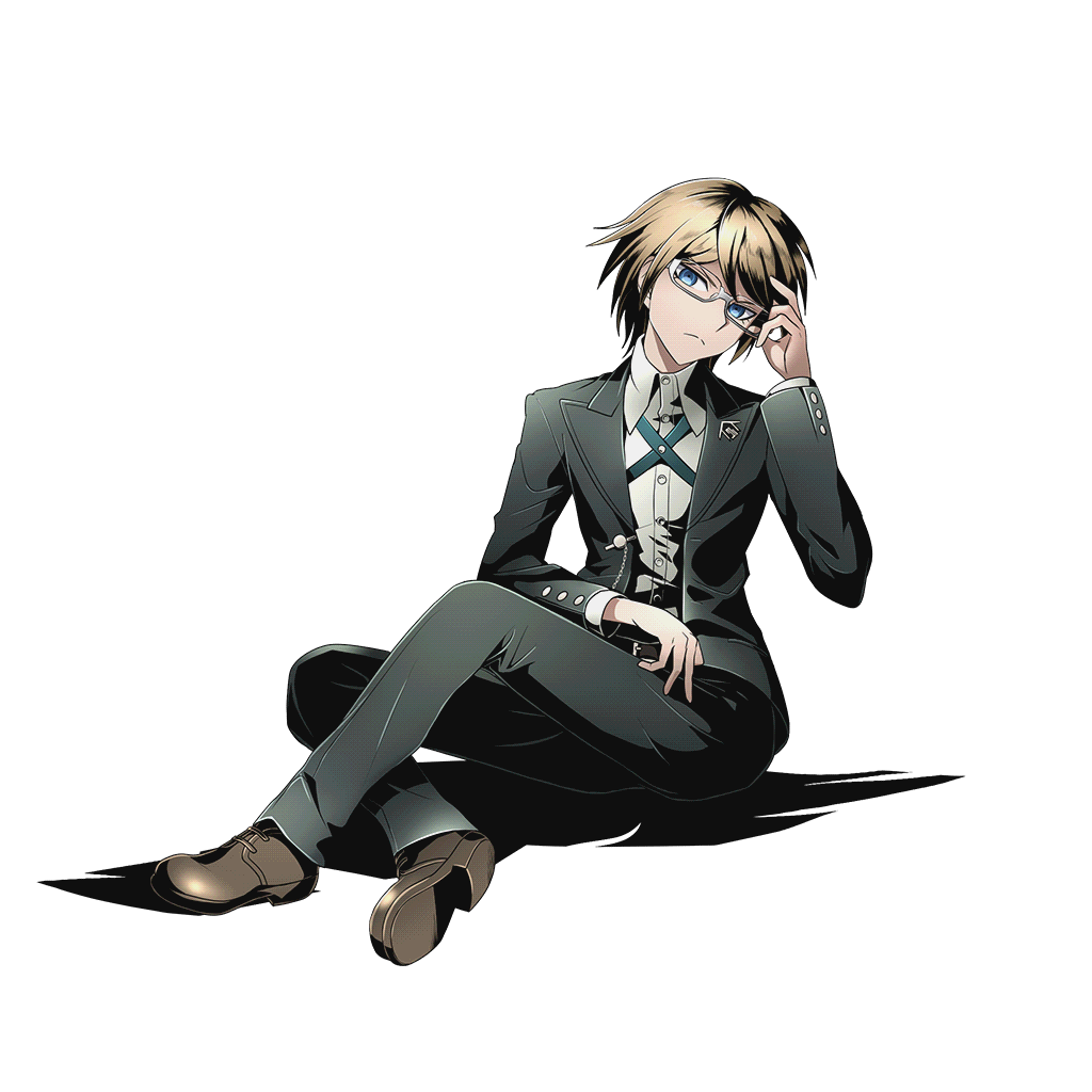 1boy alpha_transparency blonde_hair blue_eyes closed_mouth dangan_ronpa dangan_ronpa_1 divine_gate full_body glasses head_tilt legs_crossed looking_at_viewer male_focus official_art shadow shoes short_hair sitting solo togami_byakuya transparent_background ucmm