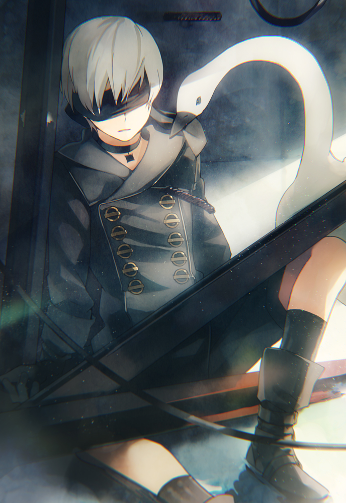 1boy android animal bird black_clothes blindfold boots cable choker gloves light_particles male_focus nier_(series) nier_automata pale_skin short_hair shorts sitting solo steel_beam swan takerusilt white_hair wire yorha_no._9_type_s