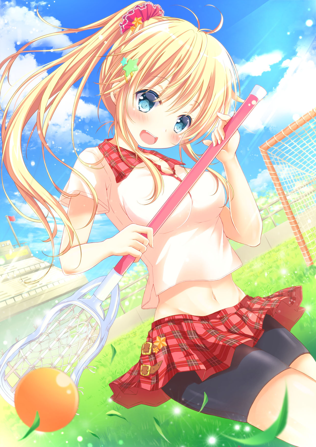 1girl :d antenna_hair bangs bike_shorts blonde_hair blue_eyes blue_sky blurry blush breasts clouds cloudy_sky cowboy_shot crop_top crop_top_overhang day depth_of_field dutch_angle eyebrows_visible_through_hair grass hair_ornament hand_up highres hips holding lacrosse lacrosse_ball lacrosse_stick long_hair looking_at_viewer maya_(tirolpop) medium_breasts midriff miniskirt moe2017 navel open_mouth original outdoors plaid plaid_skirt pleated_skirt ponytail red_skirt shorts_under_skirt skirt sky smile solo star star_hair_ornament teeth thighs