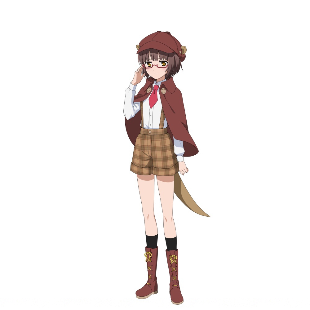1girl accel_world adjusting_glasses black_legwear boots brown_boots brown_eyes brown_hair brown_hat brown_shorts capelet character_request dress_shirt eyebrows_visible_through_hair full_body glasses hat kneehighs looking_at_viewer necktie official_art red_glasses red_necktie ribbon shirt short_hair short_necktie shorts simple_background solo standing suspender_shorts suspenders white_background white_shirt yellow_ribbon