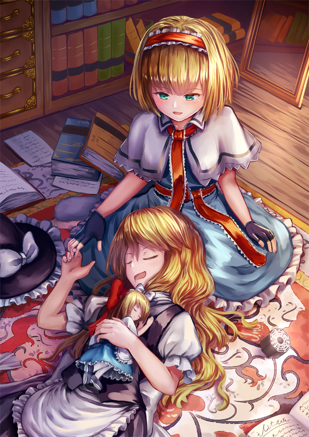 2girls :d alice_margatroid apron bangs black_dress black_gloves blonde_hair blue_dress blush book_stack bookshelf bow capelet dress drooling fingerless_gloves gloves green_eyes hair_bow hairband hat hat_bow hat_removed headwear_removed indoors kirisame_marisa lolita_hairband looking_at_another mini-hakkero mirror multiple_girls neck_ribbon ookashippo open_mouth parted_lips puffy_short_sleeves puffy_sleeves red_bow red_ribbon ribbon sash shanghai_doll short_hair short_sleeves sleeping sleeping_on_person smile touhou waist_apron white_bow witch_hat