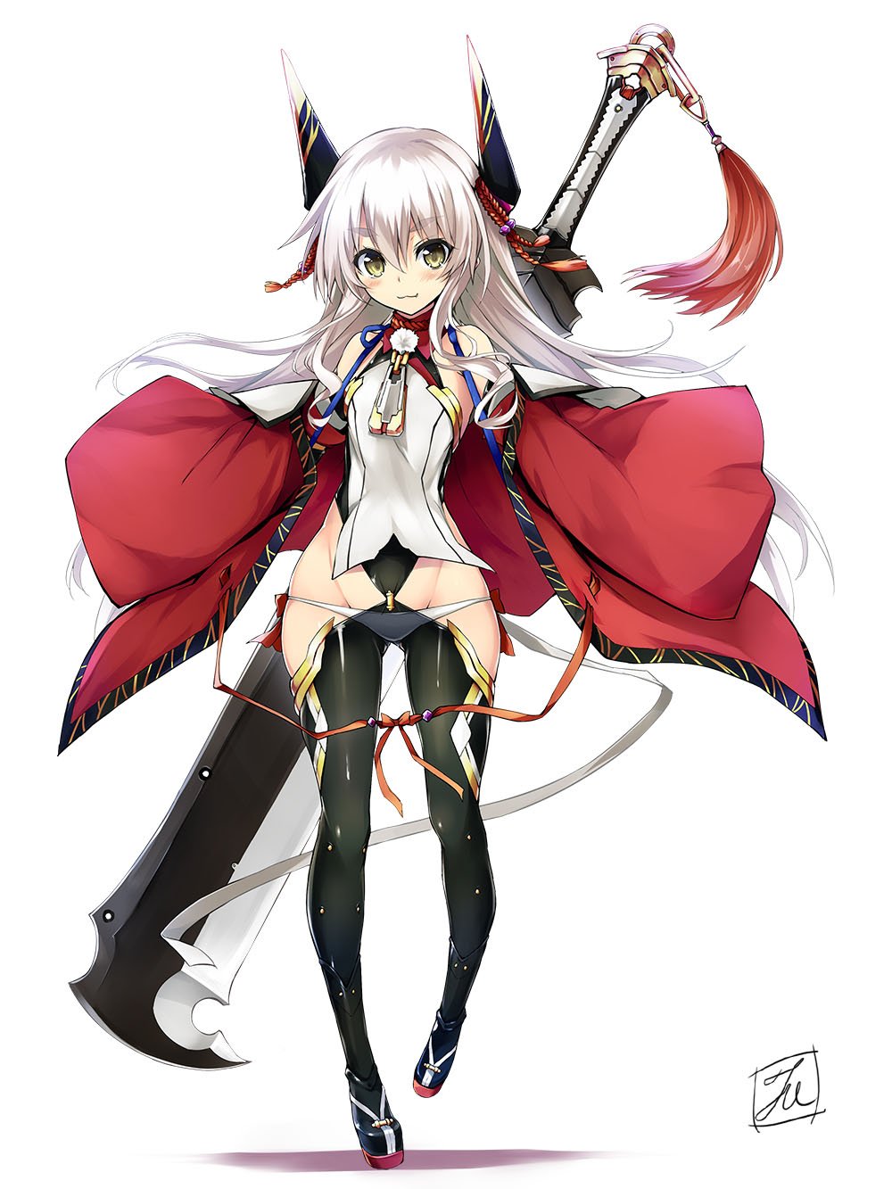 1girl :3 bangs black_legwear blue_boots blush boots bow closed_mouth commentary_request eyebrows eyebrows_visible_through_hair full_body groin hair_between_eyes highres horns huge_weapon long_hair looking_at_viewer original over_shoulder panties red_bow revealing_clothes sidelocks signature smile solo standing sword sword_over_shoulder tirotata underwear weapon weapon_over_shoulder white_hair white_panties yellow_eyes