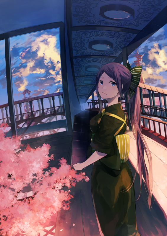 1girl achiki blue_eyes blue_sky bow breasts brown_hair cherry_blossoms clouds cloudy_sky evening from_behind green_bow green_kimono hair_bow holding japanese_clothes kimono long_hair looking_at_viewer looking_back medium_breasts mole mole_under_mouth nakai_(waitress) obi original railing sash sidelocks sky solo standing striped striped_bow tower very_long_hair