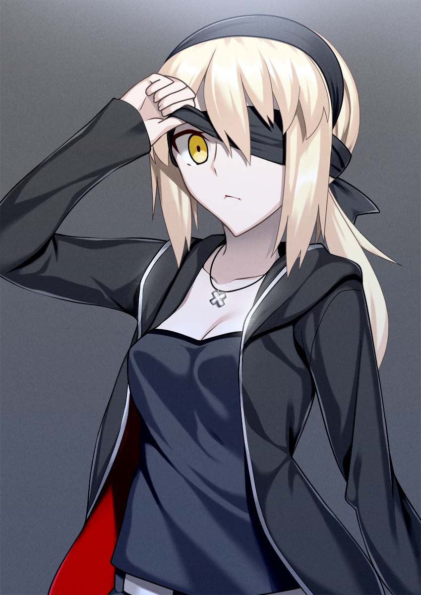 :/ blindfold blindfold_lift breasts cleavage cowboy_shot fate/stay_night fate_(series) grey_background highres jacket jewelry long_hair medium_breasts necklace pale_skin saber saber_alter skylader yellow_eyes
