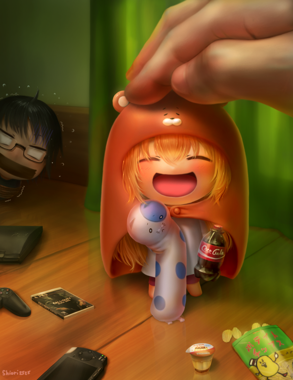 black_hair blank_eyes blonde_hair bound brother_and_sister call_of_duty call_of_duty:_black_ops chibi chips closed_eyes controller curtains doma_taihei doma_umaru food gag game_console game_controller glasses handheld_game_console highres himouto!_umaru-chan improvised_gag komaru miniboy minigirl narongdej_watcharapasorn open_mouth petting playstation_3 playstation_portable potato_chips semi-rimless_glasses siblings smile soda_bottle struggling tape tape_gag tied_up under-rim_glasses