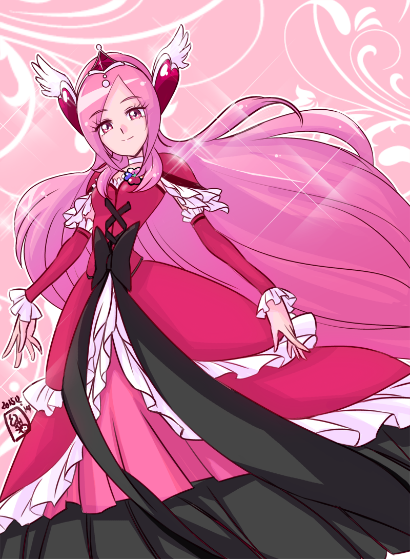 1girl 2015 adapted_costume arm_warmers black_bow bow closed_mouth cure_passion dated dress fresh_precure! frills hair_ornament heart_hair_ornament higashi_setsuna layered_dress long_hair looking_at_viewer maboroshineko magical_girl pink_background pink_eyes pink_hair precure red_dress signature smile solo tiara white_choker