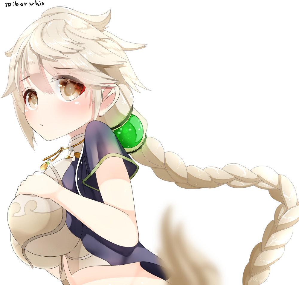 1girl alternate_eye_color artist_name asymmetrical_hair boruhis braid breasts brown_eyes cloud_print crop_top embarrassed from_side hair_ornament hands_on_own_chest kantai_collection large_breasts long_hair looking_at_viewer midriff short_sleeves simple_background single_braid unryuu_(kantai_collection) upper_body very_long_hair white_background