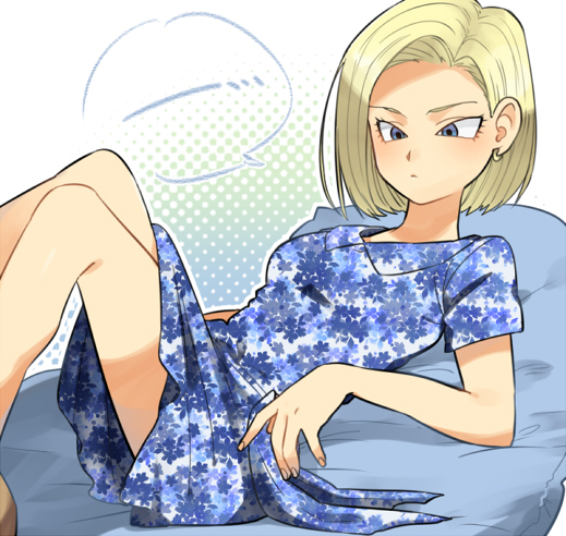 ... 1girl android_18 bare_legs blonde_hair blue_dress blue_eyes dragon_ball dragonball_z dress earrings expressionless jewelry looking_away lying official_style petagon short_hair solo_focus speech_bubble