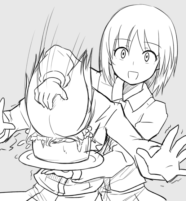 2girls :d cake commentary_request empty_eyes eyebrows_visible_through_hair food girls_und_panzer grey_background greyscale head_grab itsumi_erika jacket kitayama_miuki looking_at_viewer monochrome motion_lines multiple_girls nishizumi_miho open_mouth outstretched_arms plate short_hair simple_background smile trembling upper_body wing_collar