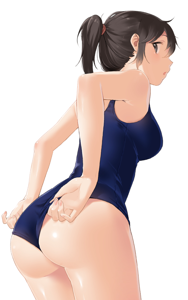 1girl adjusting_clothes adjusting_swimsuit ass bangs bare_arms bare_shoulders black_eyes black_hair blue_swimsuit blush breasts cowboy_shot fingernails from_below from_side furururu hair_tie looking_at_viewer looking_back medium_breasts nail_polish one-piece_swimsuit original palms parted_lips pink_nails ponytail profile school_swimsuit shiny shiny_skin side_glance sidelocks simple_background solo swimsuit white_background