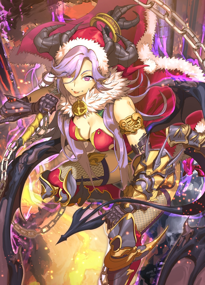1girl :p armband armor armored_boots bangs boots breasts cape chains cleavage closed_mouth demon_girl demon_horns demon_tail eyebrows_visible_through_hair fantasy fishnet_legwear fishnets fur-trimmed_cape fur_collar fur_trim gauntlets hair_over_one_eye hat holding horns koyoi_mitsuki legs_apart long_hair looking_at_viewer medium_breasts molten_rock original outdoors purple_hair revealing_clothes sack santa_costume santa_hat smile solo tail thigh-highs thighs tongue tongue_out violet_eyes
