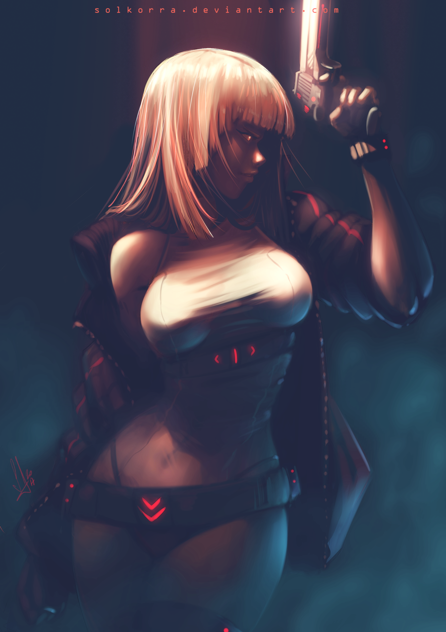 1girl bangs belt blonde_hair blunt_bangs breasts commentary contrapposto gloves gun handgun highres large_breasts midriff original pistol shirt sol_ferrari solo taut_clothes taut_shirt weapon