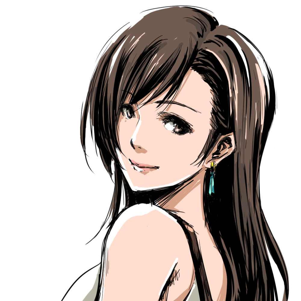 1girl bare_shoulders brown_eyes brown_hair earrings final_fantasy final_fantasy_vii from_side head_tilt jewelry kuzumin lipgloss lips long_hair looking_at_viewer neck simple_background sleeveless smile solo suspenders tifa_lockhart upper_body white_background