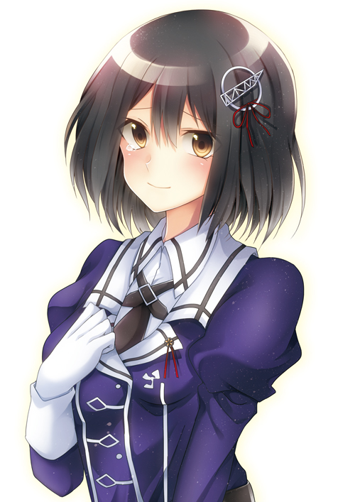 1girl black_hair brown_eyes haguro_(kantai_collection) hair_ornament kantai_collection koyoka looking_at_viewer office_lady short_hair simple_background smile solo tears white_background
