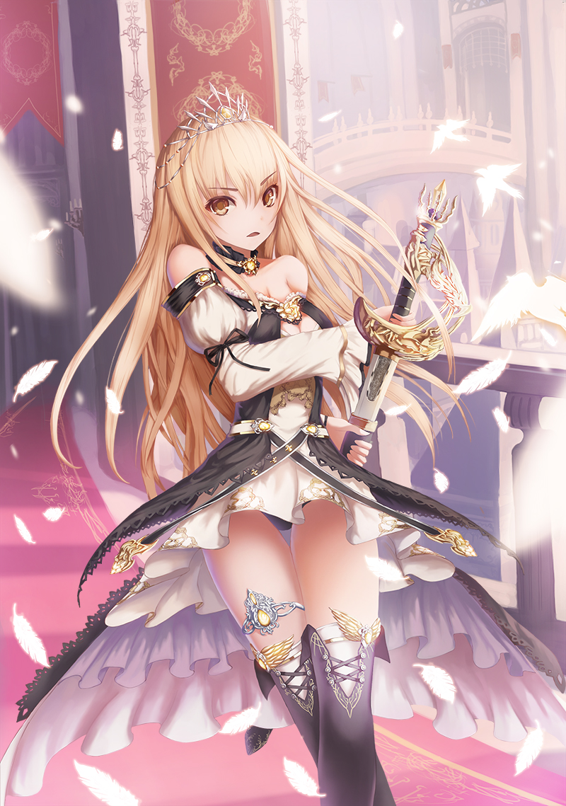 1girl bare_shoulders black_legwear blonde_hair brown_eyes candle choker dress eyebrows_visible_through_hair feathers h2o_(dfo) indoors legband long_hair looking_at_viewer open_mouth original red_carpet sheath solo standing sword tapestry thigh-highs tiara unsheathing weapon white_feathers