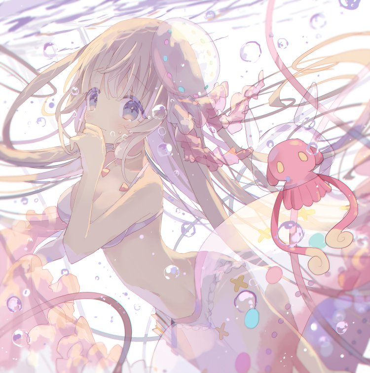 1girl air_bubble bangs blonde_hair blue_eyes blush closed_mouth coral eyebrows_visible_through_hair hand_up jellyfish long_hair looking_to_the_side merc_storia phoenix0 solo underwater white_bikini_top
