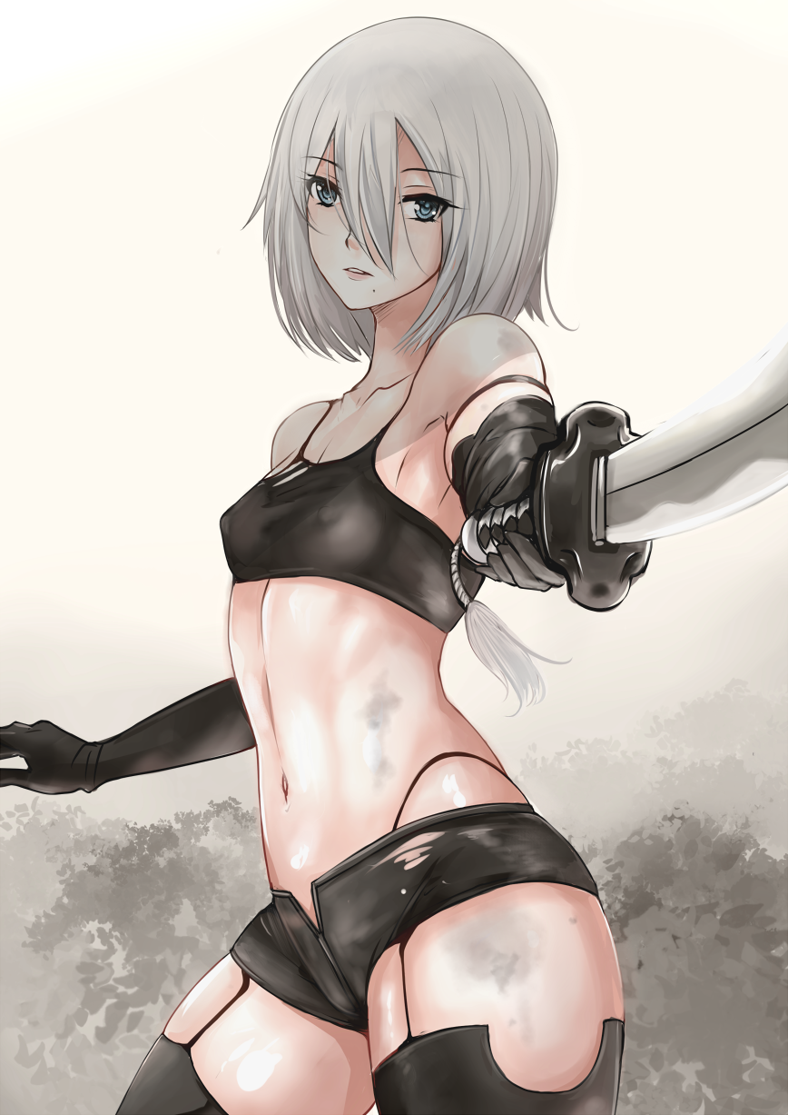1girl armpits bare_shoulders black_bra black_legwear black_panties black_shorts blue_eyes bra breasts collarbone cowboy_shot elbow_gloves erect_nipples eyebrows_visible_through_hair foreshortening garter_straps gloves gradient gradient_background hair_between_eyes highres holding holding_sword holding_weapon looking_at_viewer mole mole_under_mouth navel nier_(series) nier_automata nonoririn outstretched_arm panties parted_lips shiny shiny_skin short_hair short_shorts shorts silver_hair small_breasts solo sports_bra stomach sword tassel thigh-highs underwear unsheathed weapon yorha_type_a_no._2