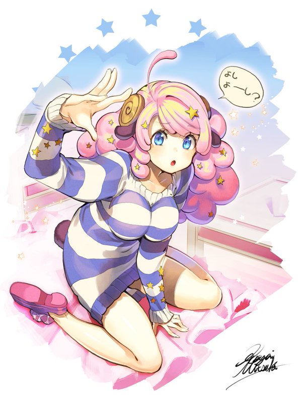 1girl :o ahoge arm_up artist_name blue_eyes breasts cleavage collarbone dress hair_ornament koyoi_mitsuki large_breasts long_hair moa_(show_by_rock!!) open_mouth pink pink_hair pink_shoes shoes show_by_rock!! signature sitting solo star star_hair_ornament sweater sweater_dress thighs wariza