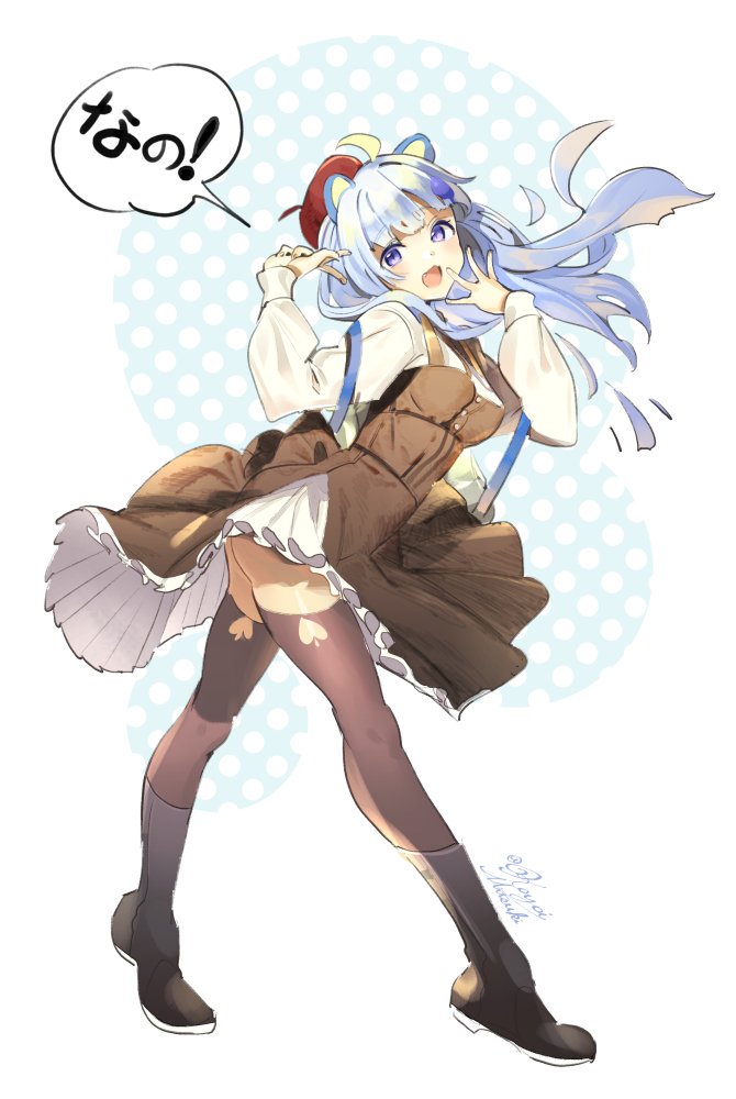 1girl :3 :d animal_ears artist_name bangs beret black_legwear blouse blue_hair blush brown_dress dress eyebrows_visible_through_hair floating_hair full_body hands_up hat koyoi_mitsuki legs_apart long_hair long_sleeves looking_at_viewer looking_back open_mouth petticoat show_by_rock!! signature smile solo spade standing thigh-highs tsukino_(show_by_rock!!) violet_eyes white_blouse