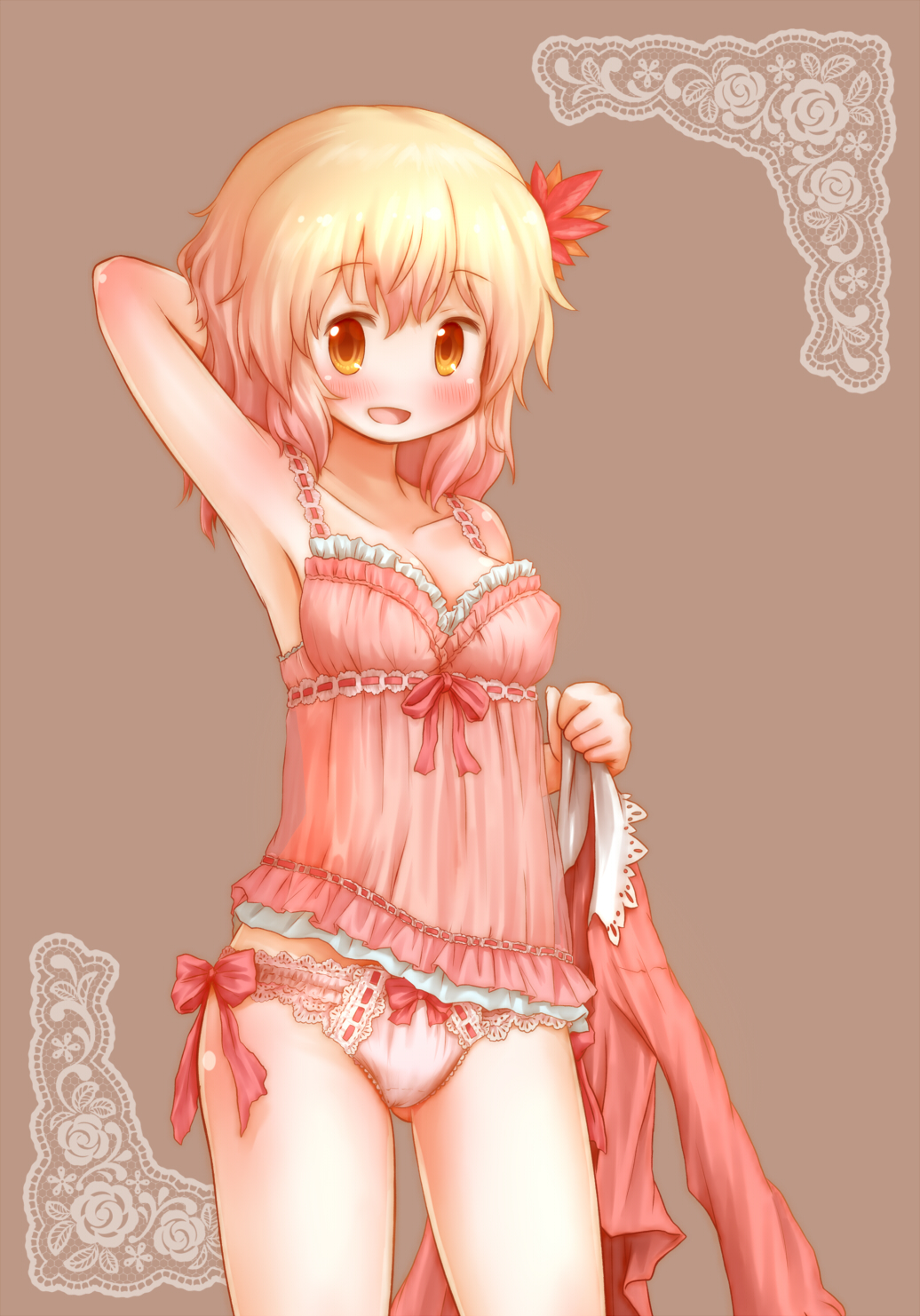 1girl aki_shizuha arinu arm_up armpits blonde_hair blush bow bow_panties breasts brown_background camisole cowboy_shot dress erect_nipples hair_ornament highres lace lace-trimmed_panties leaf_hair_ornament lingerie looking_at_viewer open_mouth panties pink_panties shirt_removed short_hair simple_background sleepwear smile solo touhou underwear