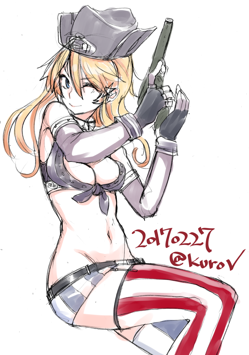 1girl abaratani_kurou blonde_hair blue_eyes breasts cleavage cowboy_hat dated elbow_gloves fingerless_gloves front-tie_top gloves groin gun hat highres iowa_(kantai_collection) kantai_collection midriff one_eye_closed simple_background solo striped striped_legwear thigh-highs twitter_username vertical-striped_legwear vertical_stripes weapon white_background