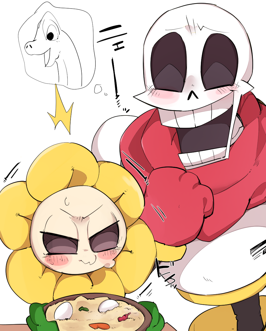 2boys 9999gpera armor blush bowl dinosaur egg flower flowey_(undertale) gloves multiple_boys open_mouth papyrus_(undertale) scarf skeleton smile teeth thought_bubble undertale white_background